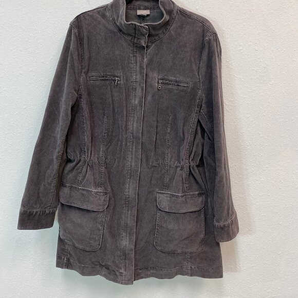 J. Jill Womens Distressed Corduroy Long Chore Jacket Cinch Waist Charcoal Gray L - Picture 1 of 9